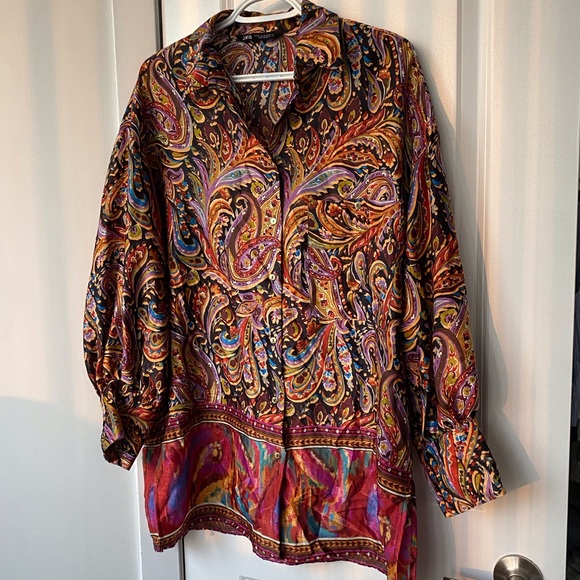 Retro ZARA Oversized Paisley Satin Blouse (M) - Picture 11 of 14